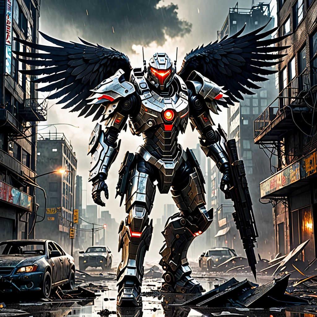 (highres:1.2),detailed battle cyborg,strides through ruined city with Crow theming,incredible attention to detail,metallic armor with intricate designs,glowing red eyes,feathers and wings on the back,sinister atmosphere,dark and desolate streets,destroyed skyscrapers in the background,mysterious fog,ominous shadows,contrast of vibrant city lights with the dystopian setting,post-apocalyptic ambiance,gritty and gritty textures,high-tech weapons and gadgets,mechanical limbs,sparks of electricity,fine reflection and shine on the armor,sharp and dramatic lighting effects,slightly desaturated color palette,expressive pose and dynamic movement,ominous clouds hanging in the sky.