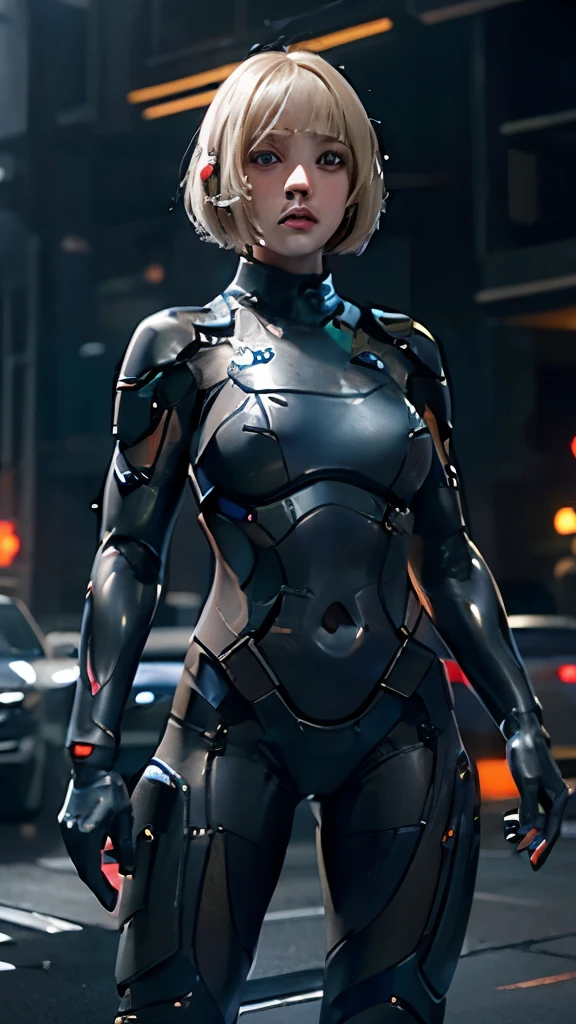 A short straight blonde haired british girl, bang, bob cut, blue eyes, 15 years old, young, pale skin, frightened, insecure expression, Ultra high res, uhd, (photorealistic:1.4), doll-like face, outdoor, futuristic environment, she is a  futuristic lethal enforcer, carrying a laser gun