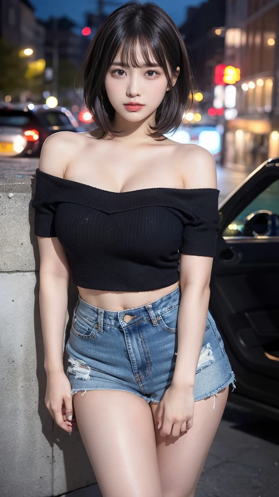 muste piece, best quality, illustration, Super detailed, fine details, High resolution, 8K,wall paper, perfect dynamic composition,(Details High quality, realistic depiction of eyes:1.3), Off-shoulder t-shirt and denim mini shorts, short bob hair, black hair color, Big Natural Color Lip, bold sexy pose, (perfect body shape), crying a little、cold gaze, Harajuku style、20 year old girl、beautiful legs, nightclub, at midnight, hposing Gravure Idol, Voluptuous thighs,