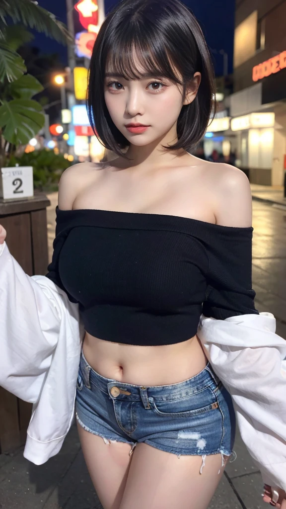 muste piece, best quality, illustration, Super detailed, fine details, High resolution, 8K,wall paper, perfect dynamic composition,(Details High quality, realistic depiction of eyes:1.3), Off-shoulder t-shirt and denim mini shorts, short bob hair, black hair color, Big Natural Color Lip, bold sexy pose, (perfect body shape), crying a little、cold gaze, Harajuku style、20 year old girl、beautiful legs, nightclub, at midnight, hposing Gravure Idol, Voluptuous thighs,