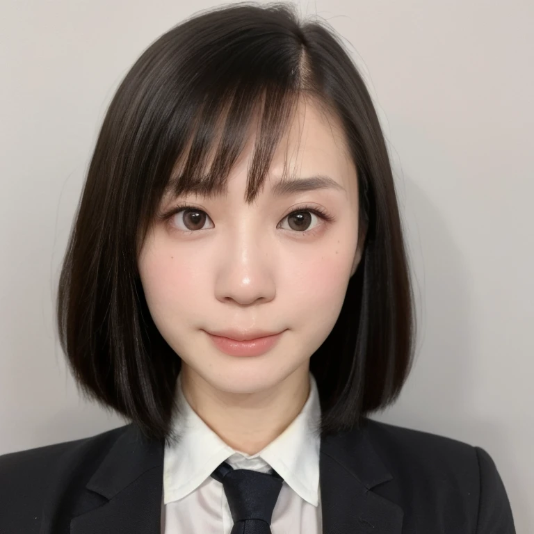 (kawaii 24 year-old Japanese girl, Nogizaka idol, Korean idol), (glossy black hair, very short hair, symmetric hair length, even hair length:1.3), (forehead), (rounded face, black eyes, single eyelid, no makeup, relaxed expression:1.2), (wearing blazer jacket, collared shirt, necktie:1.3), flat chest, extra small , (looking straight at camera:1.2), BREAK, (simple white background:1.3), (view from straight forward, portrait,  id photo:1.3), face focus, BREAK, (masterpiece, best quality, photo realistic, official art:1.4), (UHD, 8K quality wallpaper, high resolution, raw photo, golden ratio:1.2), (shiny skin), professional lighting, physically based rendering, award winning, (perfect anatomy, highly detailed skin, extremely detailed face and eyes), Carl Zeiss 85 mm F/1.4, depth of field, 1girl, solo,