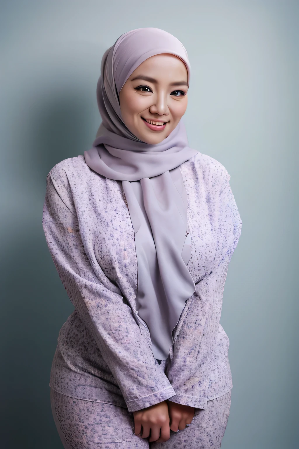 Malay girl in hijab wearing sexy lilac color pyjama portrait photography, mid shot photo, ultra detail, professional photograph with professional lighting, smile, light blue studio background, sexy seducing pose, curvy
