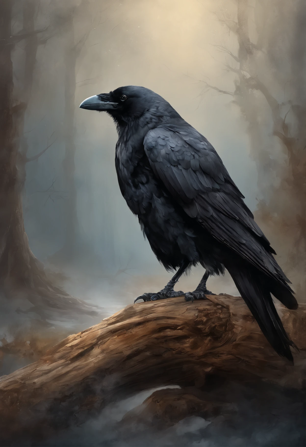 a crow on a dead tree, A shadow shaped like a walker, Starry night, Thick fog on the ground, Blue light on the horizon, Unreal Engine 5, Cinematic, low angle photography, Motion blur, Depth of field, Dust, Cobblestones and dirt. Splash Art, dripping paint. Perfect color grading. Influenced by Karel Appel and Jeremy Mann, Full of dramatic and threatening scenes, Hyper-detailed, Beautiful, insanely details, Intricate details, editorial photography, shot with a 50mm lens, Depth of field, Tilt Blur, Shutter speed 1/1000, f/22. Lightmaps, Super bright