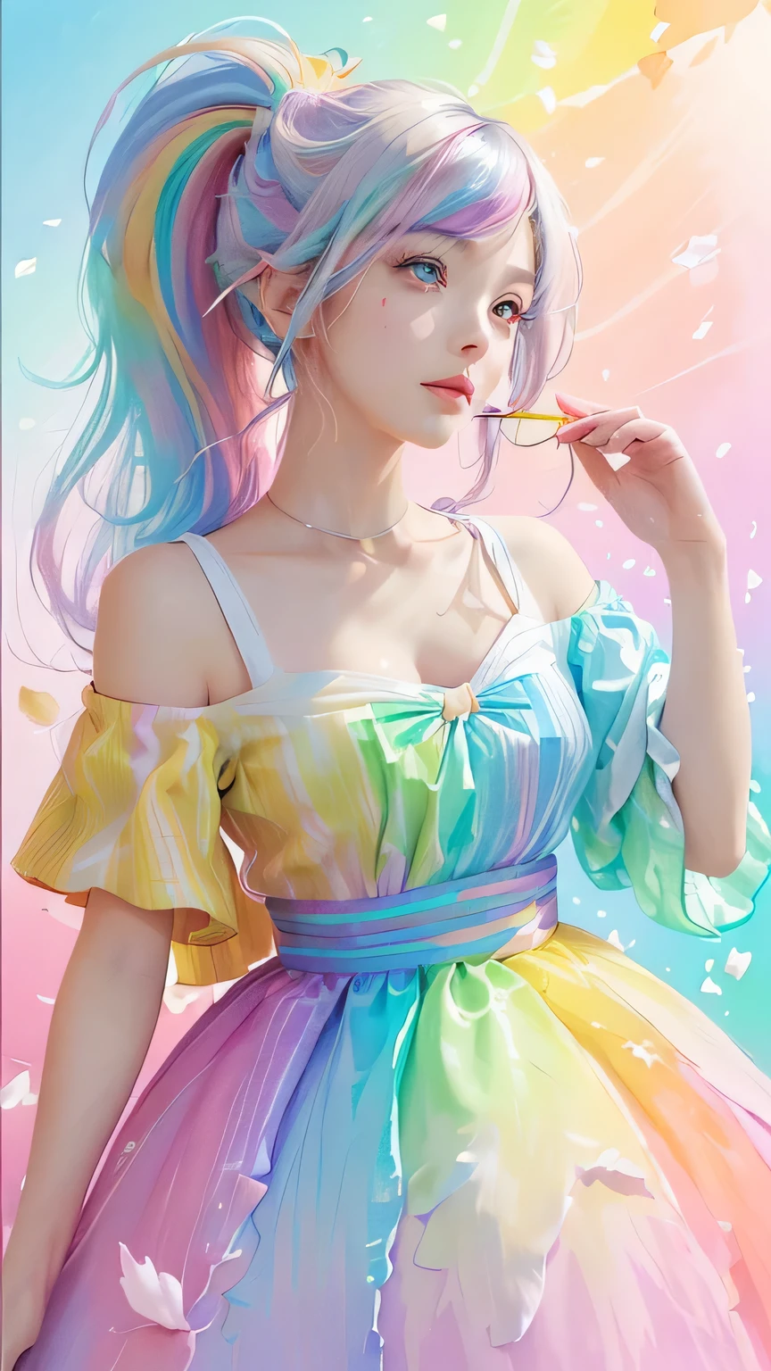 （Pink fashion T-shirt：1.9），(colorful hair: 1.8), (All colors of the rainbow: 1.8),(((((vertical drawing：1.6))), （drawing：1.6），front, comics, illustrations, drawings, big eyes, crystal clear eyes,（ Rainbow gradient high ponytail：1.7）, Exquisite makeup, Keep your mouth shut,(Little fresh: 1.5),(Wipe Chest: 1.6) ，long eyelashes, White off-shoulder T-shirt,  white shoulder shirt，looking at the audience, watery big eyes, (rainbow colored hair：1.6), Color splash, （alone：1.8）, Color splash, color explosion, thick draw style, messy lines, ((shining))，(rich and colorful), (rich and colorful), (rich and colorful), rich and colorful, Thick draw Style, (splash) (Color splash), Vertical drawing, Upper body, draw splash, acrylic paint, slope, draw, Highest image quality, best quality, masterpiece, alone, depth of field, Face draw,  rich and colorful clothes, (elegant: 1.2), Gorgeous,long hair, Wind, (elegant: 1.3), (petal: 1.4)，(((masterpiece))),(((best quality))),((Super detailed)),(illustration),(Dynamic angle),((floating)),(draw),((disheveled hair)),(alone),(1 girl) , (((Detailed anima face))),((Beautiful and delicate face)),collar,bare shoulders,white hair, ((rich and colorful hair)),((striped hair)),Beautiful and delicate eyes,(slope color eyes),(((rich and colorful eyes))),(((rich and colorful background))),(((high saturation))),(((surrounded by rich and colorful splashes))),((The hands must be detailed))