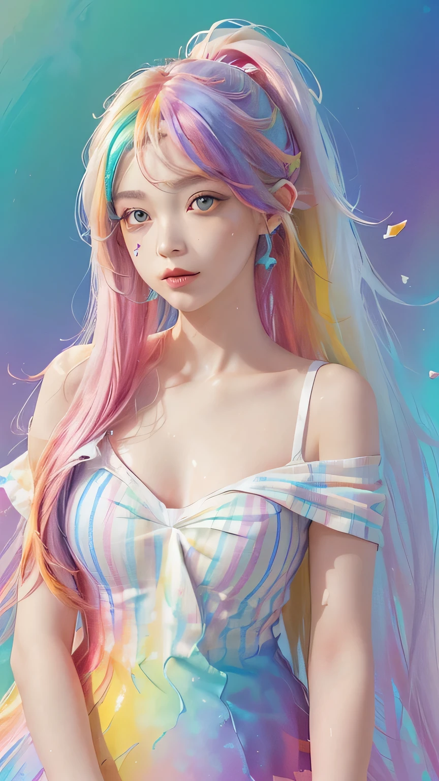 (Pink fashion T-shirt:1.9),(colorful hair: 1.8), (All colors of the rainbow: 1.8),(((((vertical drawing:1.6))), (drawing:1.6),front, comics, illustrations, drawings, big eyes, crystal clear eyes,( Rainbow gradient high ponytail:1.7), Exquisite makeup, Keep your mouth shut,(Little fresh: 1.5),(Wipe Chest: 1.6) ,long eyelashes, White off-shoulder T-shirt, white shoulder shirt,looking at the audience, watery big eyes, (rainbow colored hair:1.6), Color splash, (alone:1.8), Color splash, color explosion, thick draw style, messy lines, ((shining)),(rich and colorful), (rich and colorful), (rich and colorful), rich and colorful, Thick draw Style, (splash) (Color splash), Vertical drawing, Upper body, draw splash, acrylic paint, slope, draw, Highest image quality, best quality, masterpiece, alone, depth of field, Face draw, rich and colorful clothes, (elegant: 1.2), Gorgeous,long hair, Wind, (elegant: 1.3), (petal: 1.4),(((masterpiece))),(((best quality))),((Super detailed)),(illustration),(Dynamic angle),((floating)),(draw),((disheveled hair)),(alone),(1 girl) , (((Detailed anima face))),((Beautiful and delicate face)),collar,bare shoulders,white hair, ((rich and colorful hair)),((striped hair)),Beautiful and delicate eyes,(slope color eyes),(((rich and colorful eyes))),(((rich and colorful background))),(((high saturation))),(((surrounded by rich and colorful splashes))),((The hands must be detailed))