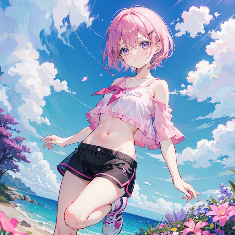 pink hair,purple eyes,short hair,sister head,earring ,Two black hairpins,,girl,cute,Short sleeves with open shoulders,shorts,Navel exposed,Wearing sneakers,whole body,stand on the ground,Does not expose fingers,The background is a sea of flowers,Blue sky and white clouds