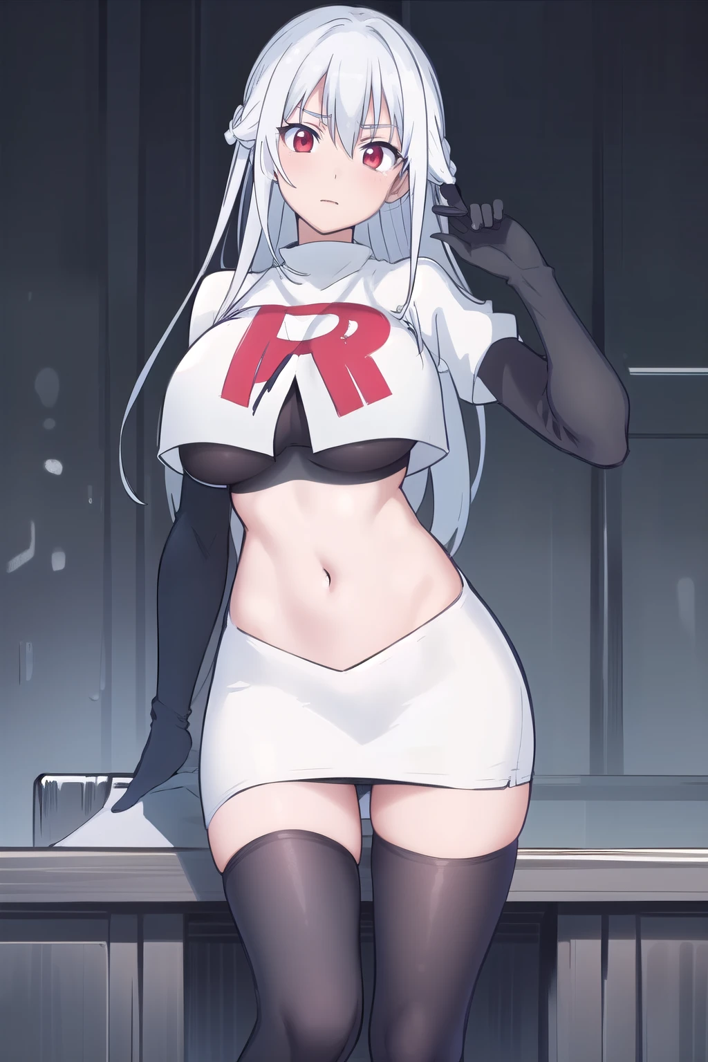 (masterpiece, best quality:1.2),illustration,8k,hd,1girl,solo,very_long_hair,large_breasts,red_eyes,white_hair,zettai_ryouiki,team rocket,team rocket uniform,white skirt,red letter R,crop top,black thigh-highs,black elbow gloves