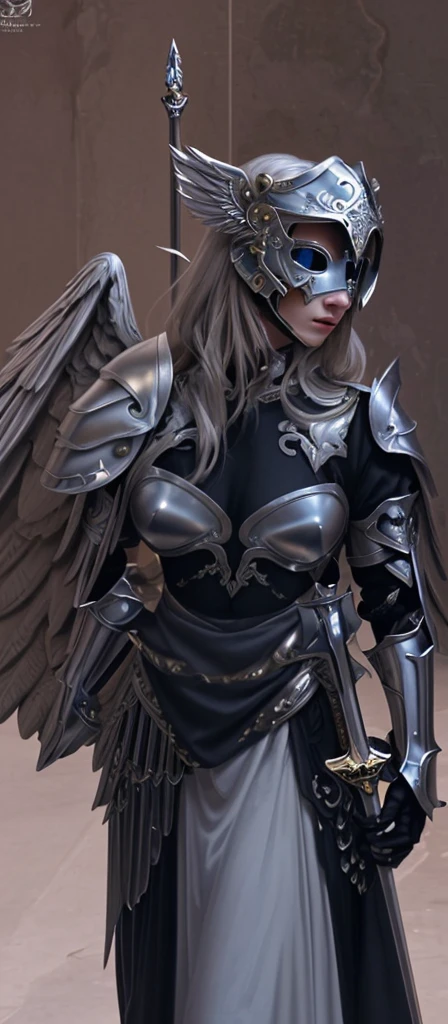 Beautiful arch angel with silver and gold trim armor, wolf style helmet and beautiful wings wielding a great sword