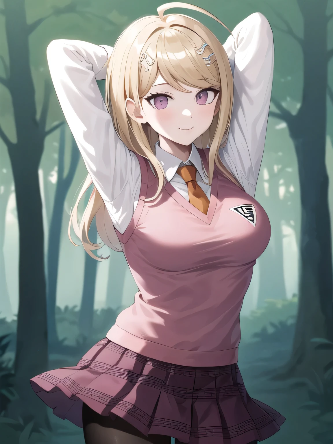 masterpiece, best quality, highres, aakaede, long hair, ahoge, hair ornament, breasts, , necktie, pink vest, sweater vest, collared shirt, long sleeves, pleated skirt, purple skirt, print skirt, pantyhose, closed mouth, solo, upper body, night sky, forest, arms behind head, contrapposto, spread armpits, smile, high quality, in the center, high quality,