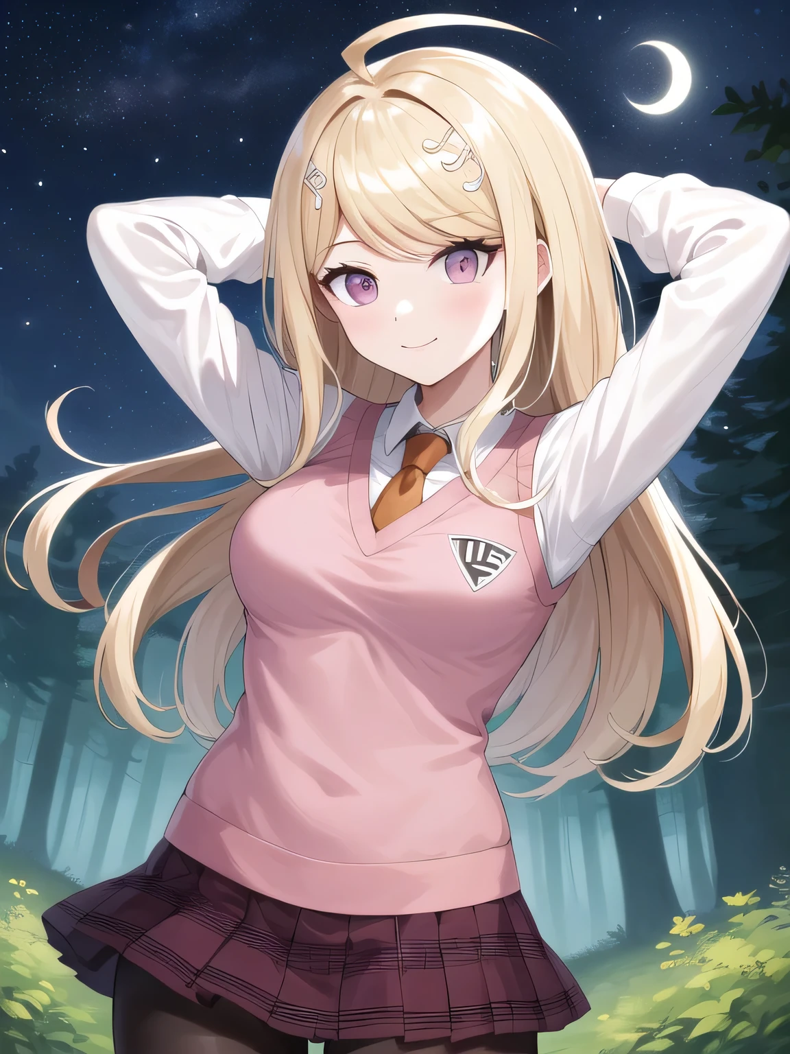 masterpiece, best quality, highres, aakaede, long hair, ahoge, hair ornament, breasts, , necktie, pink vest, sweater vest, collared shirt, long sleeves, pleated skirt, purple skirt, print skirt, pantyhose, closed mouth, solo, upper body, night sky, forest, arms behind head, contrapposto, spread armpits, smile, high quality, in the center, high quality,