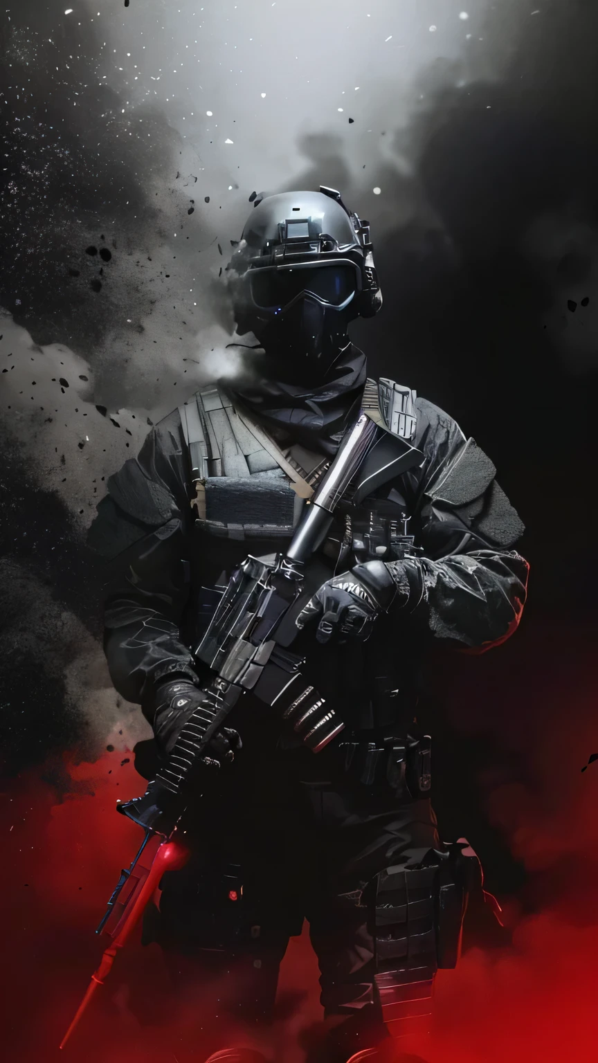 A man in a black uniform holding a rifle and a red light, Airsoft CQB, rb6s), special forces, fps shooter game, rb6s, RB6S, Monochrome and red color blur, fps game, military photography, HQ 4K mobile wallpaper, French special operations, Game promotional poster, war zone background, Helghast, airsoft close combat
