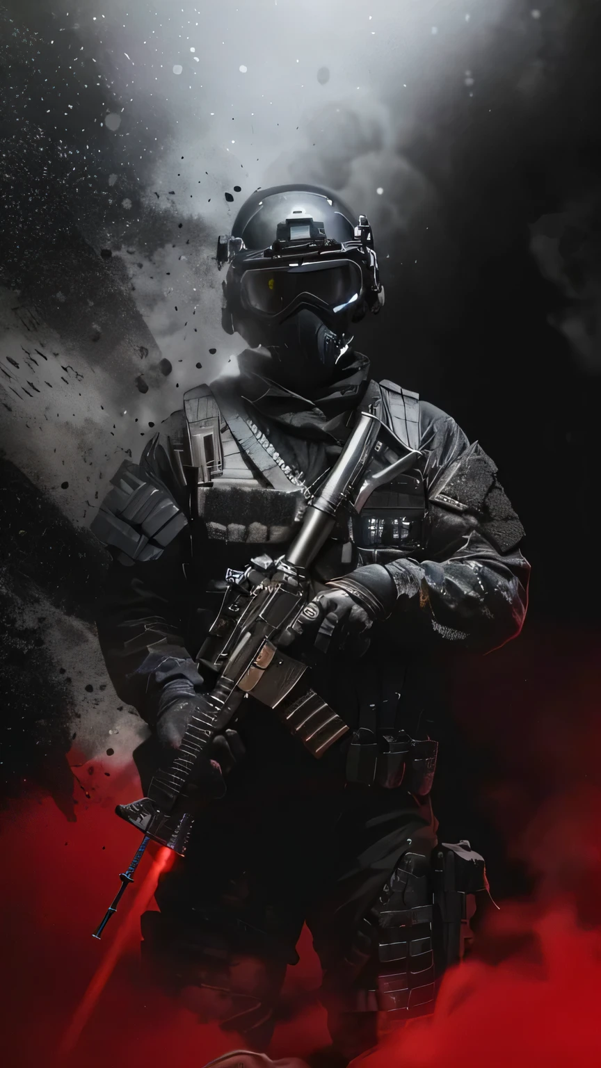 A man in a black uniform holding a rifle and a red light, Airsoft CQB, rb6s), special forces, fps shooter game, rb6s, RB6S, Monochrome and red color blur, fps game, military photography, HQ 4K mobile wallpaper, French special operations, Game promotional poster, war zone background, Helghast, airsoft close combat