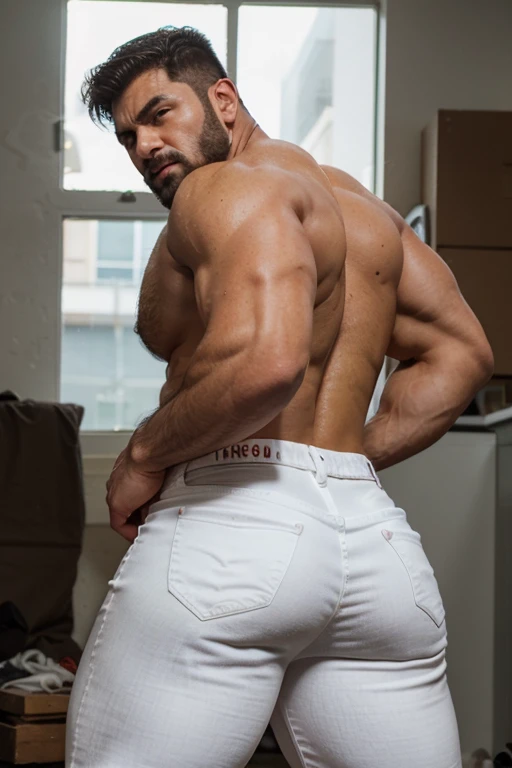 hulk photography, light cinematic heavyweight bodybuilder, 75 kg of complete muscle, Bigote grueso y trozo chino barbudo, hombres muy guapo. perfect body proportion,, hypermuscular nalgon, realista, Texas cowboy, white jeans, backside, trasero inclinado
