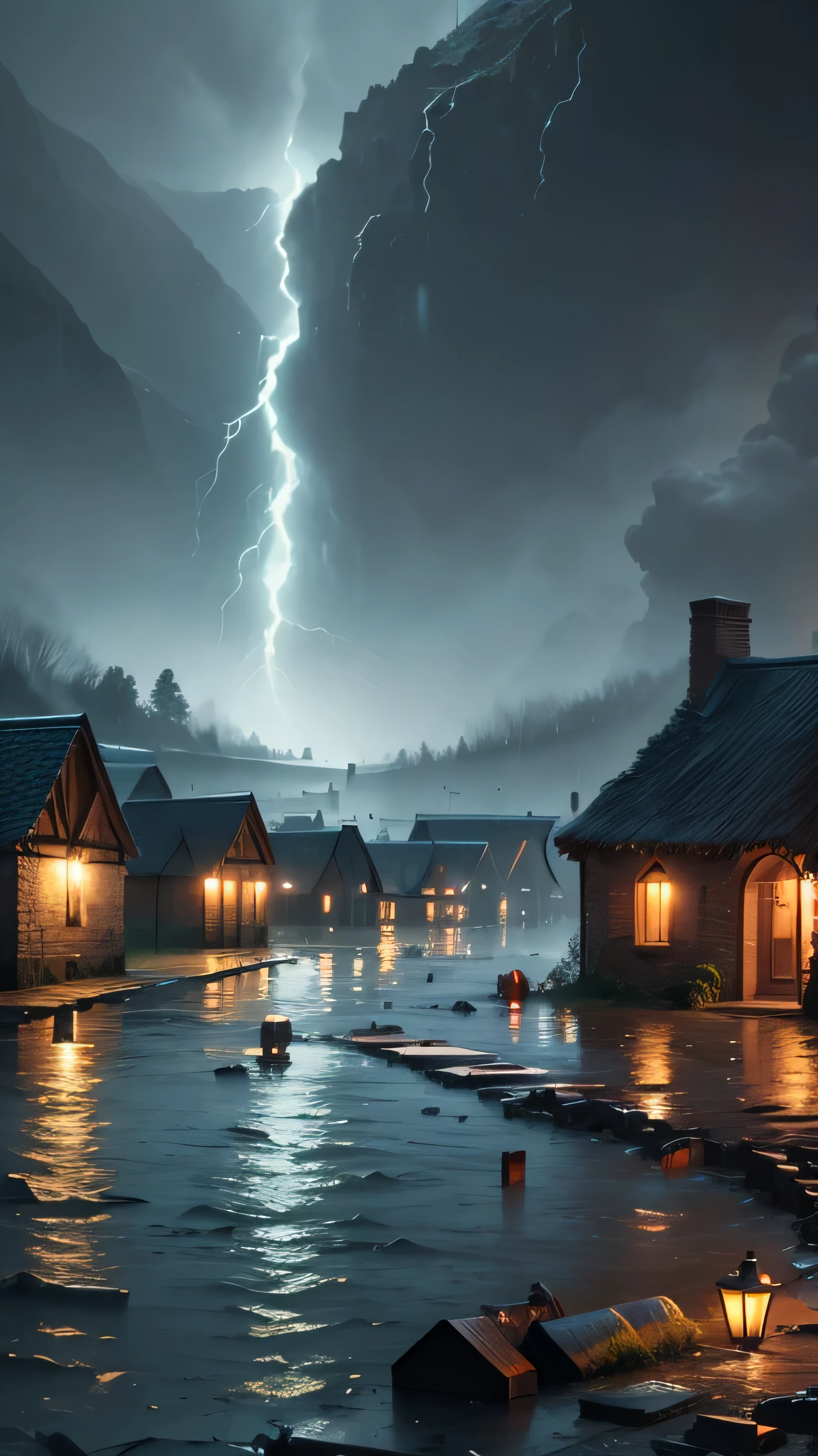 the flood drowned the village, rain, storm,8k