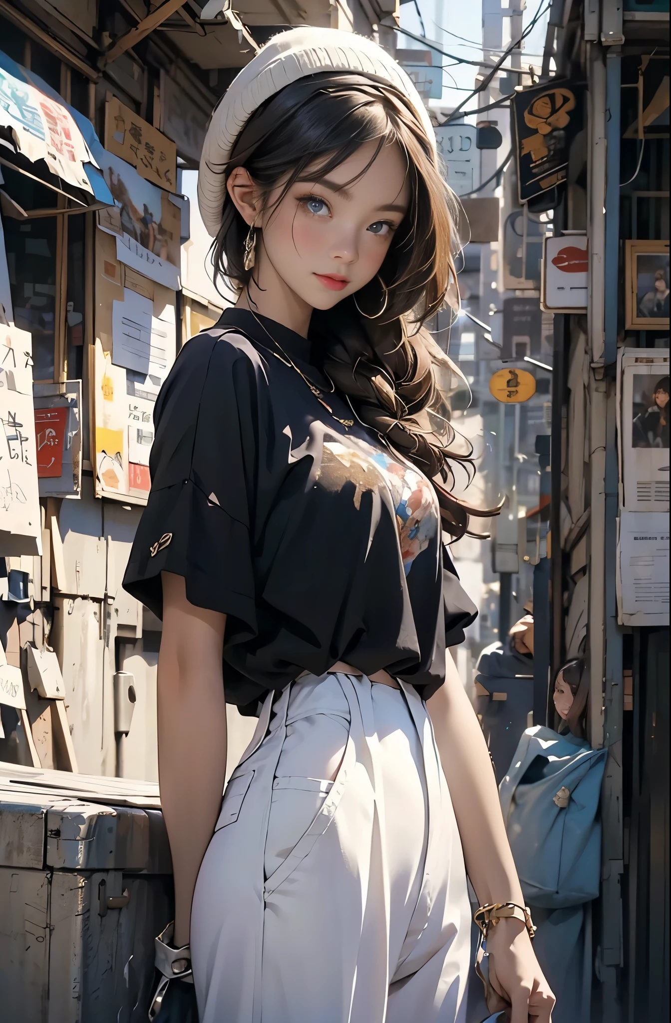 Photo of a beautiful woman standing on a street corner, Perfect model body shape, Stylish pants style, Colorful blue shirt, Stylish hats, very stylish, Mode fashion model, with influence of Jeremy Mann, Jeremy Mann, style of Jeremy Mann, Jeremy Mann painting, Jeremy Mann art, Ron Hicks, Liepke, Jeremy Mann and alphonse mucha, Works that influenced Edmund Blampid, robert lenkiewicz, Casey Bo and James Jean, Works that influenced Willem Kalf, Nick Alm, tumbler, figurative art, intense watercolor, watercolor detailed art,Beautiful and expressive paintings, Beautiful artwork illustration, wonderful, cool beauty, masterpiece, highest quality, official art, perfect composition, perfect angle, best shot, The perfect subject, women only, sharp outline, romantic, Moody, very beautiful and detailed eyes, beautiful and delicate eyes, ideal animation, sentimental,Taipei, close