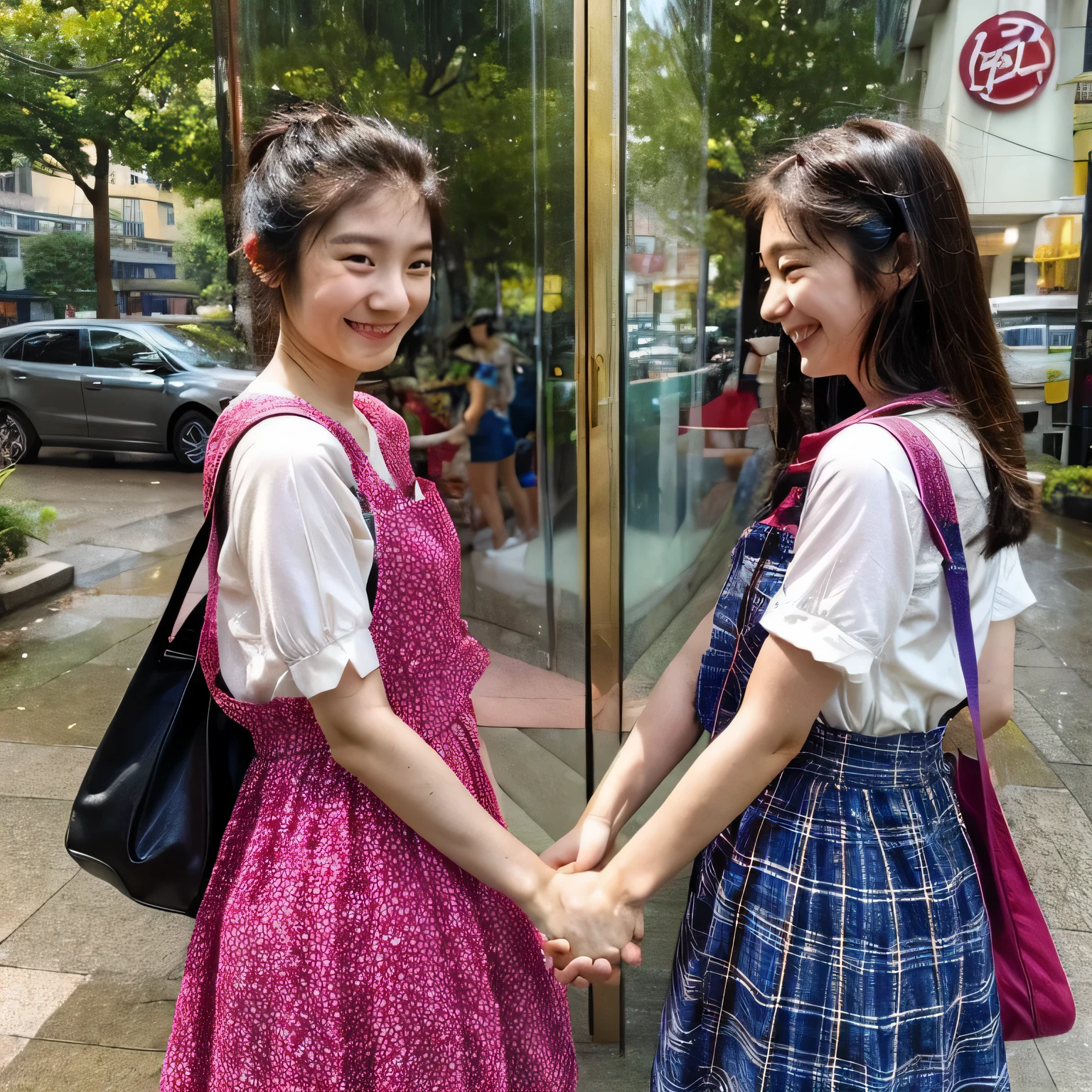 Under a clear blue sky、Identical twin sisters holding hands、Walking through a bustling city。They、She is wearing a dress of the same design、Only the color is slightly different。One of them is wearing a blue dress.、The other one is choosing a pink dress.。While exchanging bright smiles、They weave their way through the crowds。

The destination is、Newly opened cafe in the city centre。I was excited to try the popular sweets.。When you enter the store、You will be greeted by pleasant music and the aroma of fragrant coffee.。The sisters sat down by the window.、Looking at the menu, wondering what to order。in the end、They both chose the same chocolate cake and iced cafe latte.。each other「I thought so！」They laughed and said,。

After the meal、Head to a nearby park。Under a big tree in the park、They sit on the grass、While looking into each other&#39;s faces、What was fun today?、Talk about your dreams for the future。sometimes、Every time the wind blows、Their hair sways、The sound of laughter echoes along with it.々resonates between。

at dusk、As the sun begins to set、The sisters start walking home。With the joy of spending the day together in my heart、They vow to continue to treasure their unchanging bond.。As the city lights start to light up one by one、The two of them will always be identical twin sisters.、I&#39;m sure we&#39;ll continue to make many memories together.。