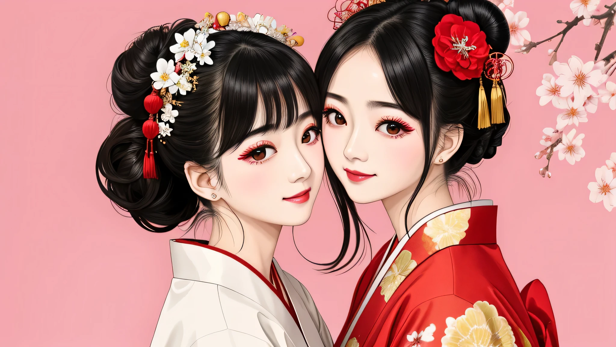 Each has a different expression2People and sisters、(2 girls)、⦅Dancing traditional performing arts gracefully)、((big breasts、small face、not exposed))、highest quality、masterpiece、(black hair、Bun Hair)、brown eyes、⦅wide angle、Angle from above, from the waist up、Pause on the magazine cover、Each person has a different perspective when looking into the distance⦆、(8K high quality、masterpiece、High resolution、Realistic and beautiful light and shadow、(highest quality)、(high resolution)、(very delicate and beautiful)、(beautiful 8k face)、(Close your eyes while smiling、Beautiful eyes)、(Transparent skin)、(soft hair)、(8head and body)、(Japanese-style yukata kimono with red, pink, and orange floral patterns on a white background, mixed with gold powder、Five beautiful Japanese girls wearing yukata)、((tanabata decoration background))、((small face))、(arms up)、thin and small nose、(red lipstick)、(make cheeks red)、(Glossy skin)、((Ink painting style))、extremely thin eyebrows、Overall super high quality、(She wears maiko-style makeup)、Whitening、long and beautiful eyelashes、Glossy skin、(red cheeks),straight nose、masterpiece、highest quality、whole body、 eyebrows visible through hair、Bun Hair、grin、gal、Kogal、Viewer's perspective、Plaid、Fashionable、woman、fine、Pause、
Waiting to start