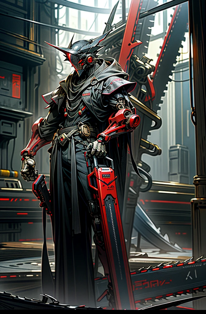 dark_fantasy,cyberpunk,(chain saw,chain saw man,Red:1.1),1 person,mechanical marvel,exist,cybernetic guardian,