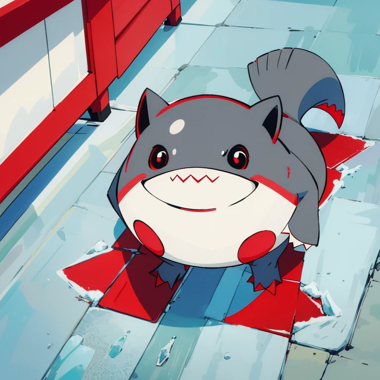 A grey and red colour cute baby shark walking on land with four legs. It is ice type masterpiece, high quality