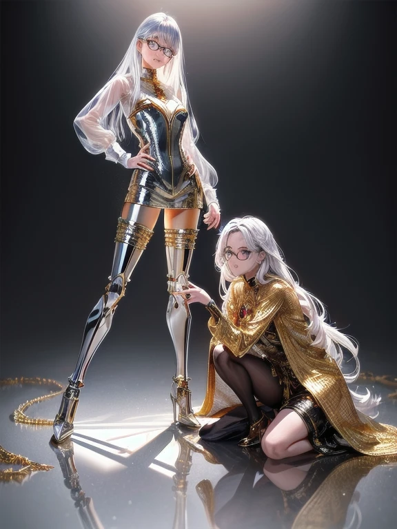 5 8K UHD, 
Two beautiful women with exposed internal skeletons in silver metallic bespectacled bodies kneeling,
 Gold and silver metal robot with transparent crystal glass exoskeleton,
The face is a beautiful human face
