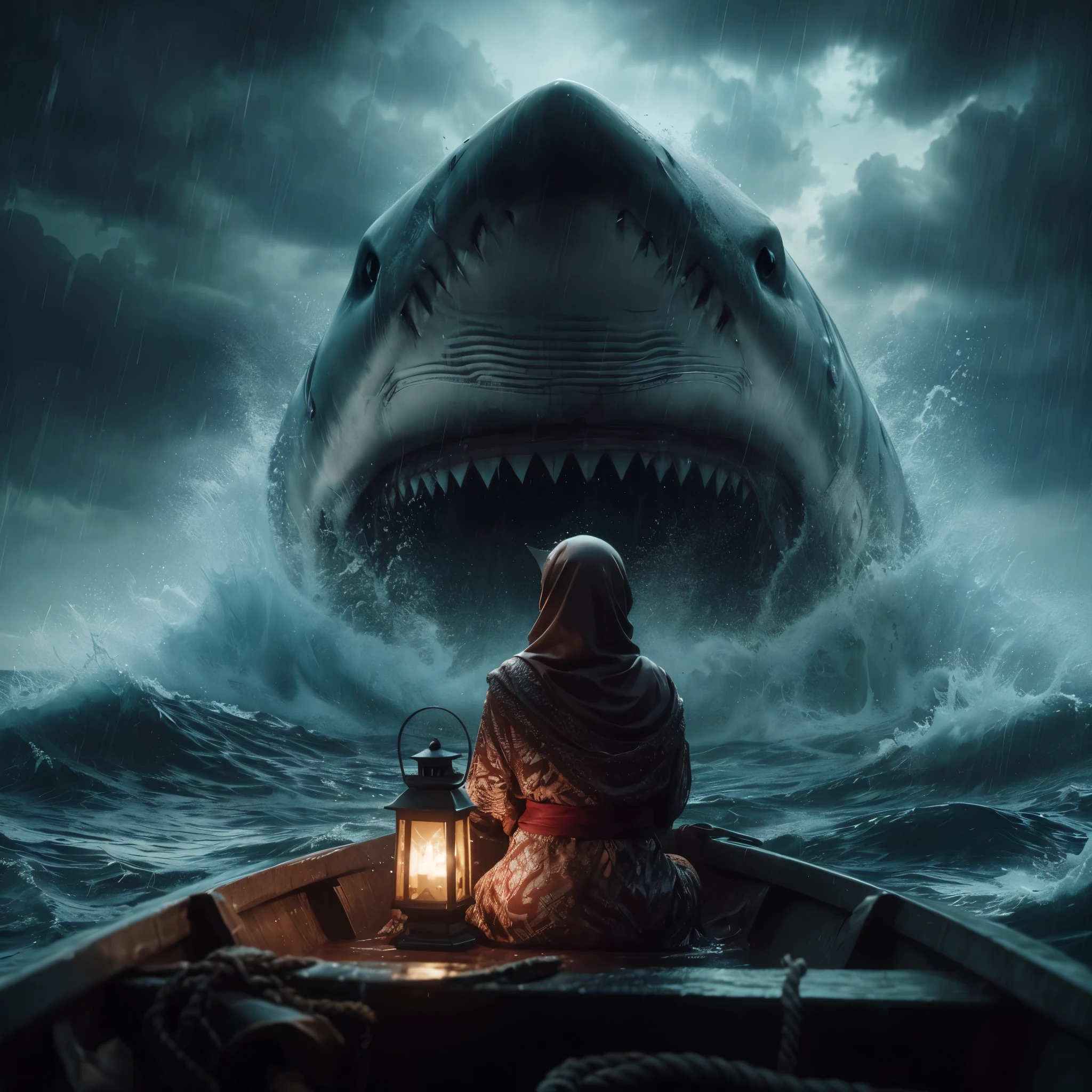 Underexposed, cinematic 3D matte paint render.
The head of a giant shark emerges from the sea water, splashing water everywhere. A girl wearing
Indonesian kaftan and jilbab, seen from behind, sits on a boat, holding a lantern. The girl is not afraid of the scary presence of the shark. Focus on the girl and the shark face; Dramatic lighting with stormy clouds in the background and dark blue water. The shark's skin should look rough and
Scarred