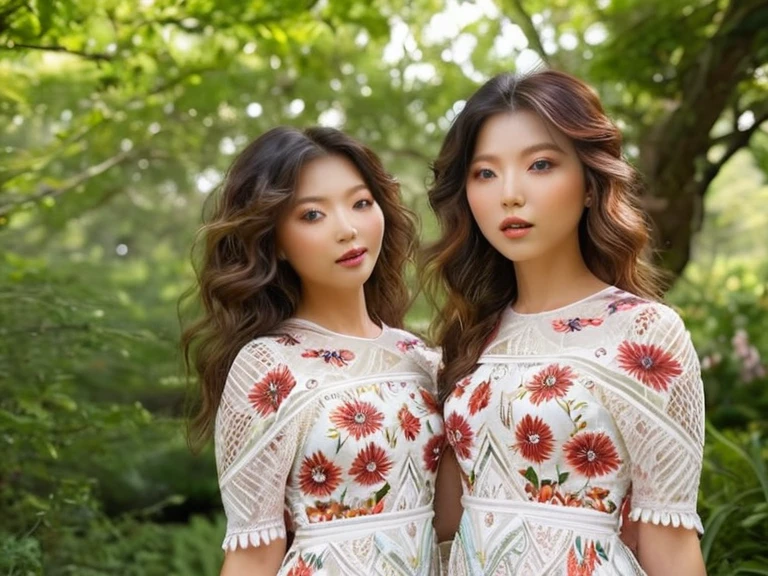 (high resolution, ultra-detailed, photorealistic), (half body:1.4) photo of sjang and her identical twin, beautiful detailed eyes, beautiful detailed lips, extremely detailed eyes and face, long eyelashes, natural lighting, Soft Color palette, serene garden background, translucent dresses, flowing hair, gentle smiles, delicate features, slightly angled poses, graceful hand gestures, sunlight filtering through the trees, vibrant flowers surrounding them, a sense of harmony and connection between the twins, intricate patterns on their dresses, a slight breeze rustling their hair, sunlight creating a subtle glow on their skin