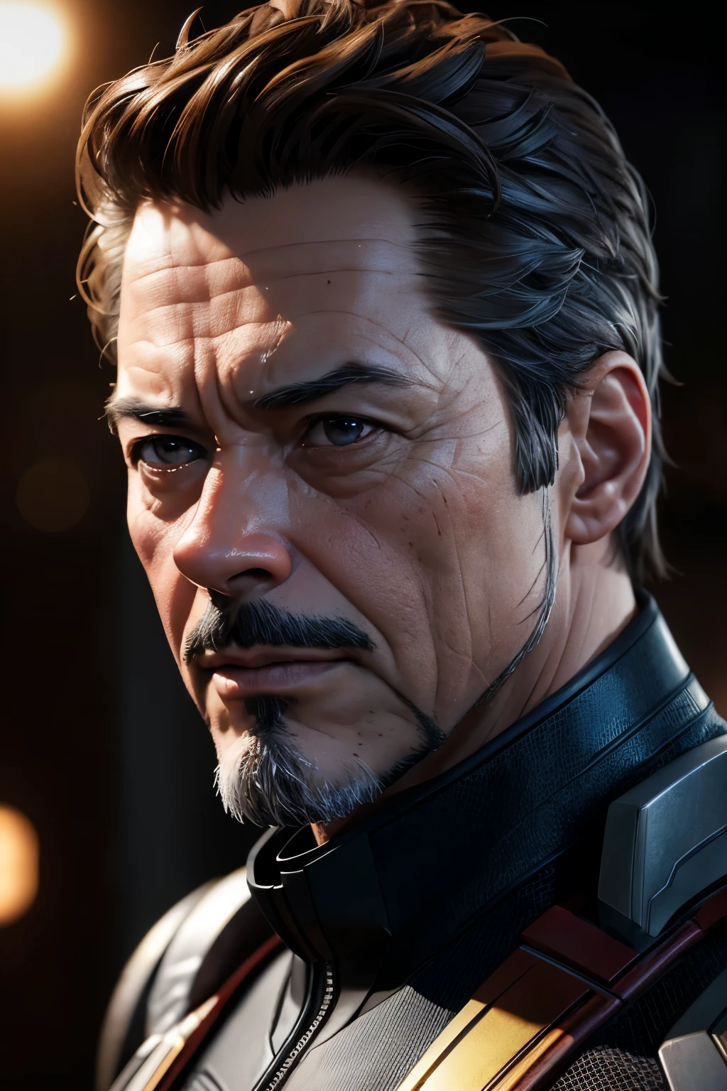 Marvel, Old man Tony Stark, realistically, dynamic lights, old, gray stubble, full shoot, (extremely detailed CG unity 8k wallpaper), trending on ArtStation, trending on CGSociety, High Detail, Sharp focus, dramatic, photorealistic