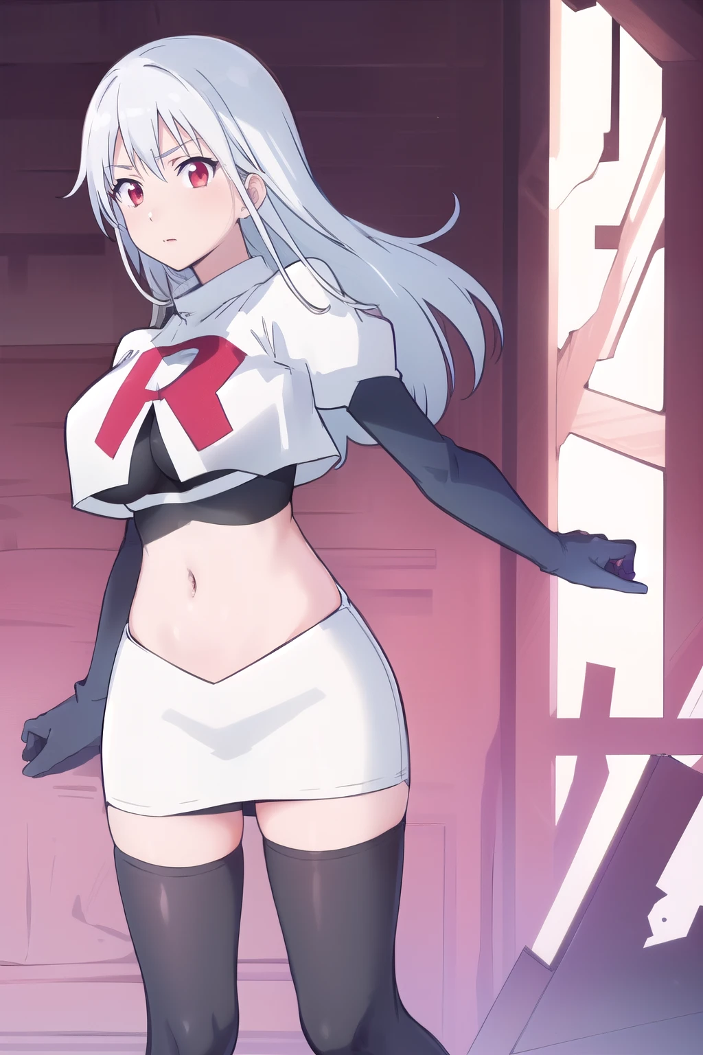 (masterpiece, best quality:1.2),illustration,8k,hd,1girl,solo,very_long_hair,large_breasts,red_eyes,white_hair,zettai_ryouiki,team rocket,team rocket uniform,white skirt,red letter R,crop top,black thigh-highs,black elbow gloves