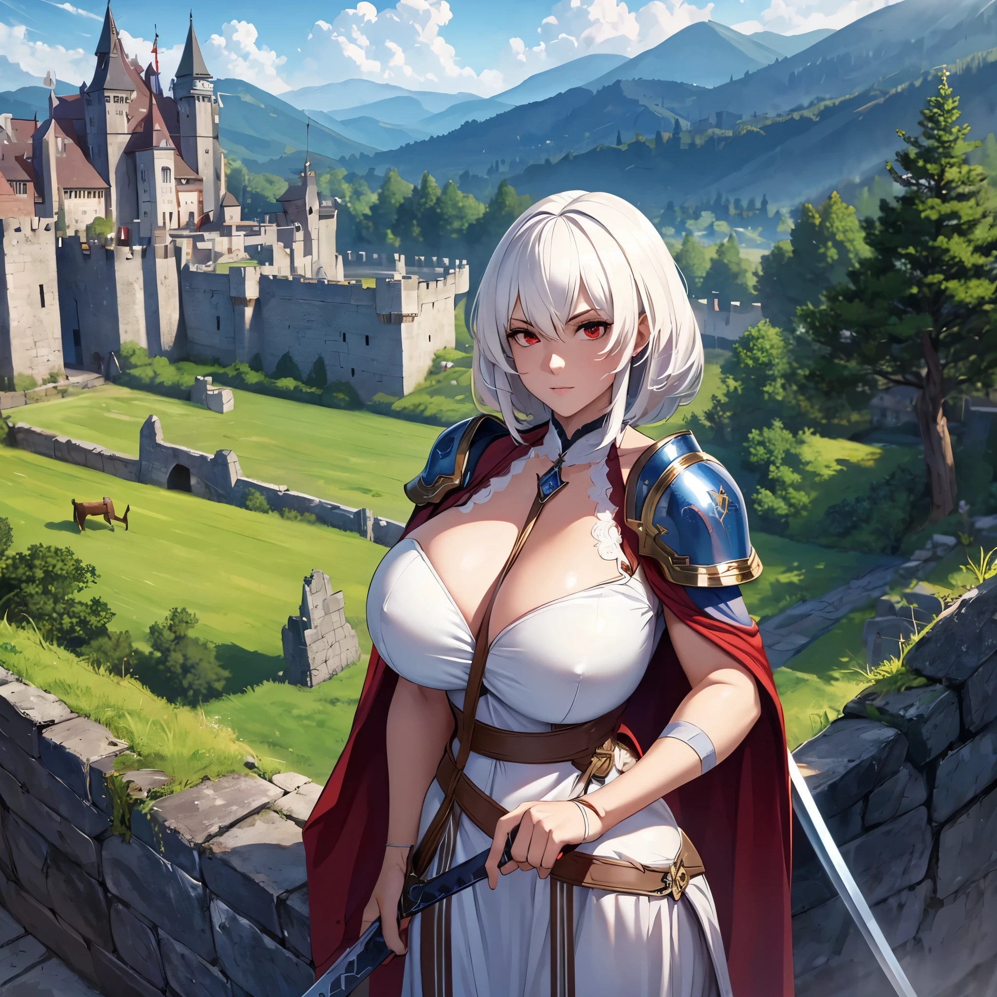 A woman wearing heavy armor, holding in her hand a medieval sword, short white hair, red eyes, in a fortress of a medieval castle, medieval theme, blue sky, white clouds, a view of an open field with some trees,(just a girl, solo) ultra resolution, very detailed, HDR, masterpiece, 8K hd