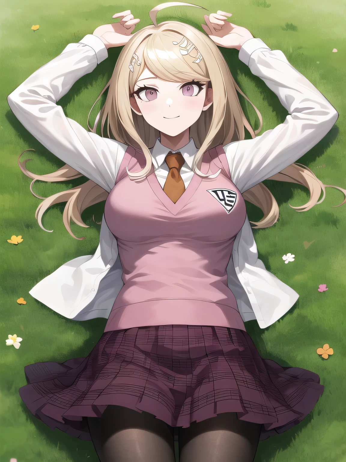 masterpiece, best quality, highres, aakaede, long hair, ahoge, hair ornament, breasts, , necktie, pink vest, sweater vest, collared shirt, long sleeves, pleated skirt, purple skirt, print skirt, pantyhose, closed mouth, solo, spread arms, arms up, smile, lying, on back, on grass, looking at viewer, solo, in the center, (cowboy shot: 1.3), high quality,