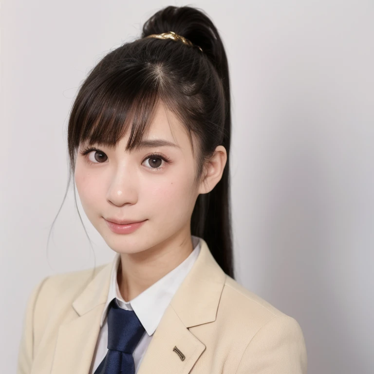(kawaii 24 year-old Japanese girl, Nogizaka idol, Korean idol), (glossy black hair, high ponytail, ponytail must be behind the shoulders:1.3), (bangs), (rounded face, black eyes, single eyelid, no makeup, relaxed expression:1.2), (wearing blazer jacket, collared shirt, necktie:1.3), flat chest, extra small breasts, (looking straight at camera:1.2), BREAK, (simple white background:1.3), (view from straight forward, portrait, id photo:1.3), face focus, BREAK, (masterpiece, best quality, photo realistic, official art:1.4), (UHD, 8K quality wallpaper, high resolution, raw photo, golden ratio:1.2), (shiny skin), professional lighting, physically based rendering, award winning, (perfect anatomy, highly detailed skin, extremely detailed face and eyes), Carl Zeiss 85 mm F/1.4, depth of field, 1girl, solo,