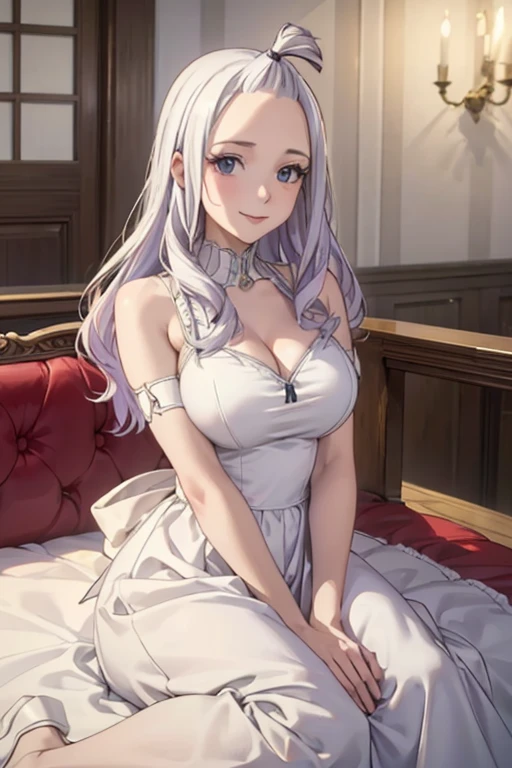 (best quality,4k,8k,highres,masterpiece:1.2),ultra-detailed,realistic,photorealistic:1.37, Mirajane Strauss, with a beautiful smile, wearing a white vintage dress 