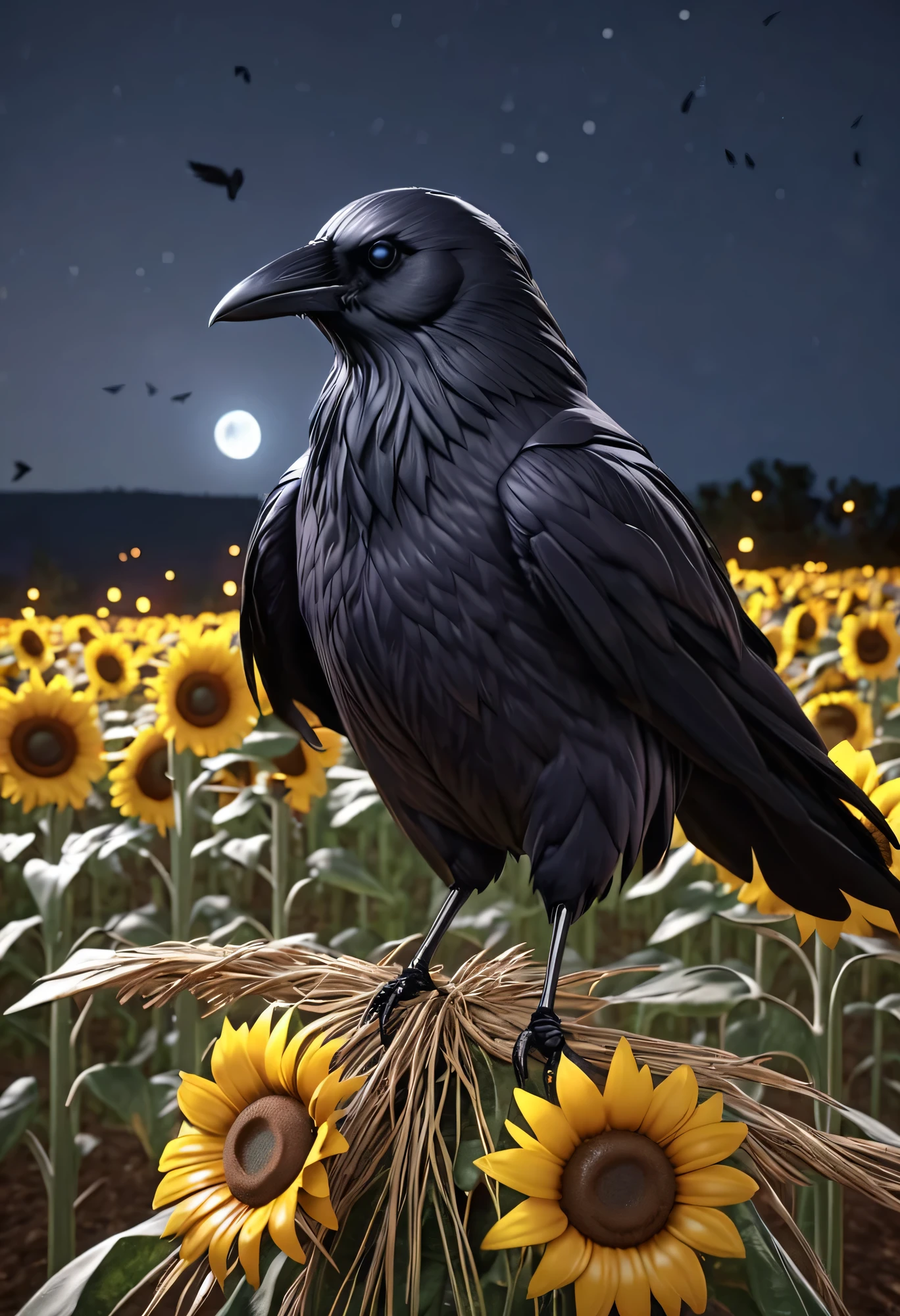 close-up, ((crow standing on a scarecrow:1.7)), in a field of sunflowers:1.4,((best quality)), ((masterpiece) ), (highly detailed body and face: 1.6), 3D, Beautiful , unreal engine: 1.4, ultra realistic CG K, photorealistic: 1.4, skin texture: 1.4, (((night))) ,(( night image, night:1.6)), 32k