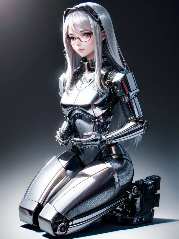 5 8K UHD, 
Beautiful mechanical woman with glasses and silver metallic body kneeling,
 A silver metal robot with shiny skin,
The face is a beautiful human face
