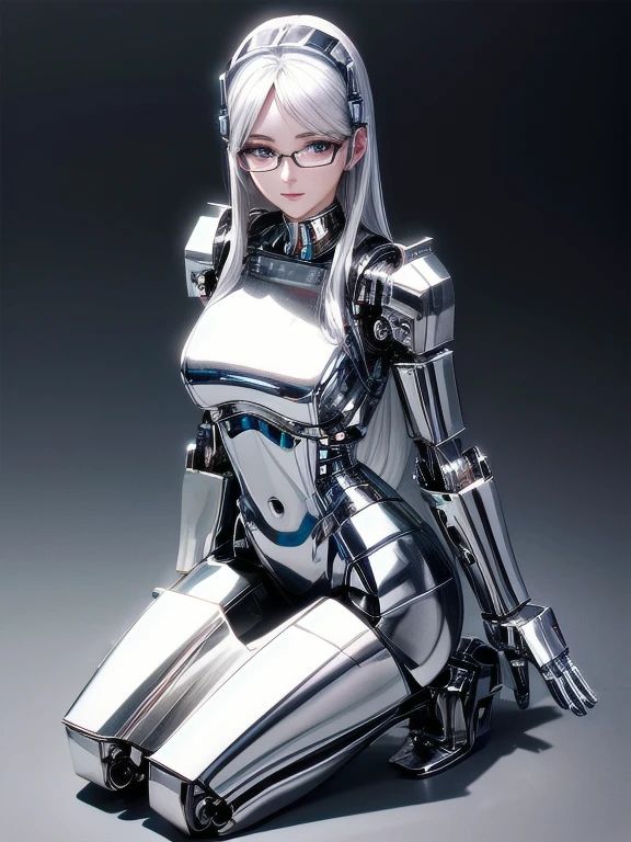 5 8K UHD, 
Beautiful mechanical woman with glasses and silver metallic body kneeling,
 A silver metal robot with shiny skin,
The face is a beautiful human face
