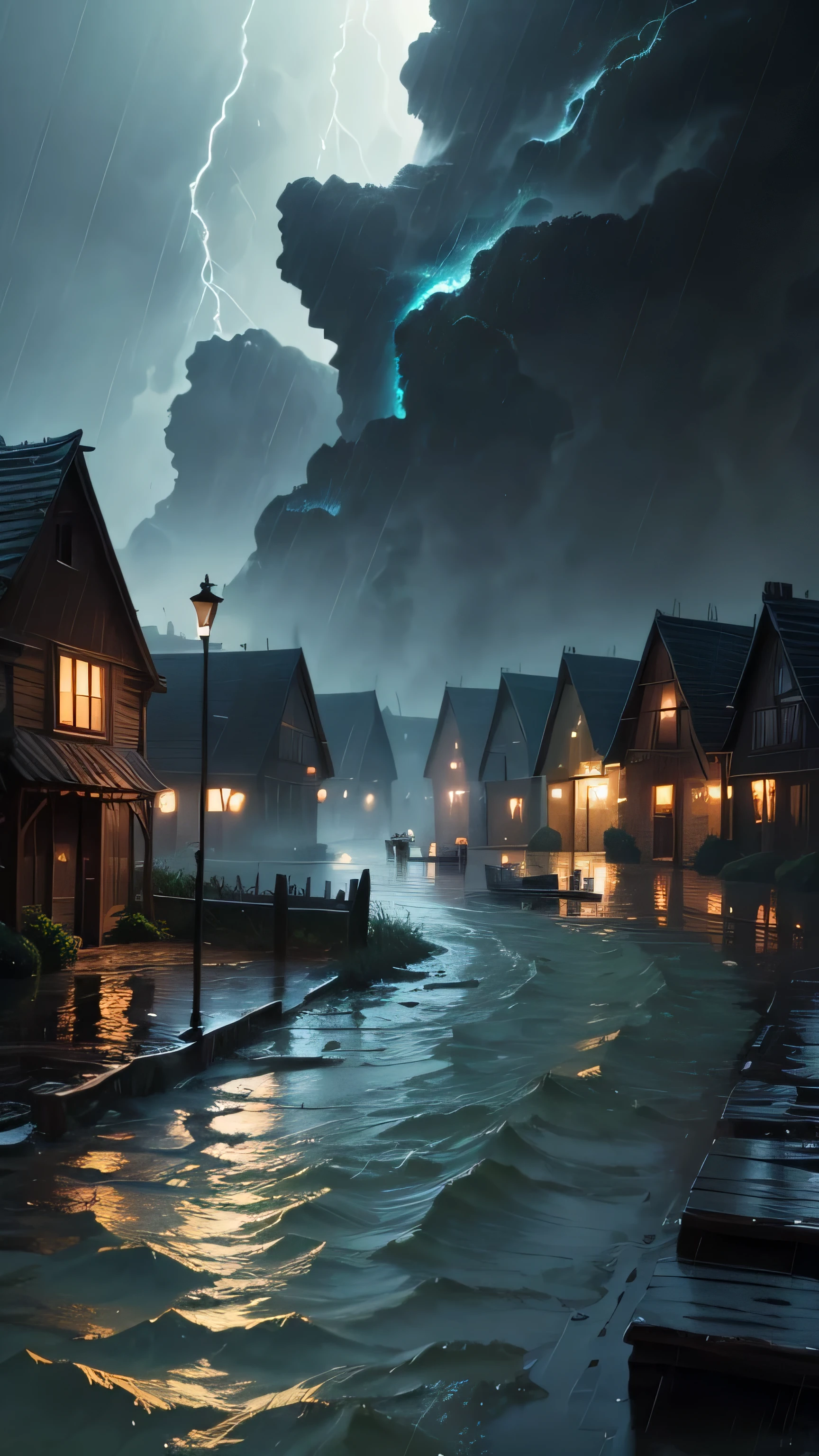 the flood drowned the village, rain, storm,8k
