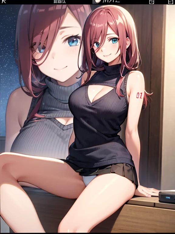 -Miku-season2,long hair,anime coloring,anime screen capture, yo,smile,sleeveless sweater, cleavage, micro skirt,white panties,whole body,beautiful toned legs,large breasts,downtown,masterpiece,best quality,super fine illustration,shiny skin,detailed skin,detailed face,detailed eyes,an extremely cute and beautiful