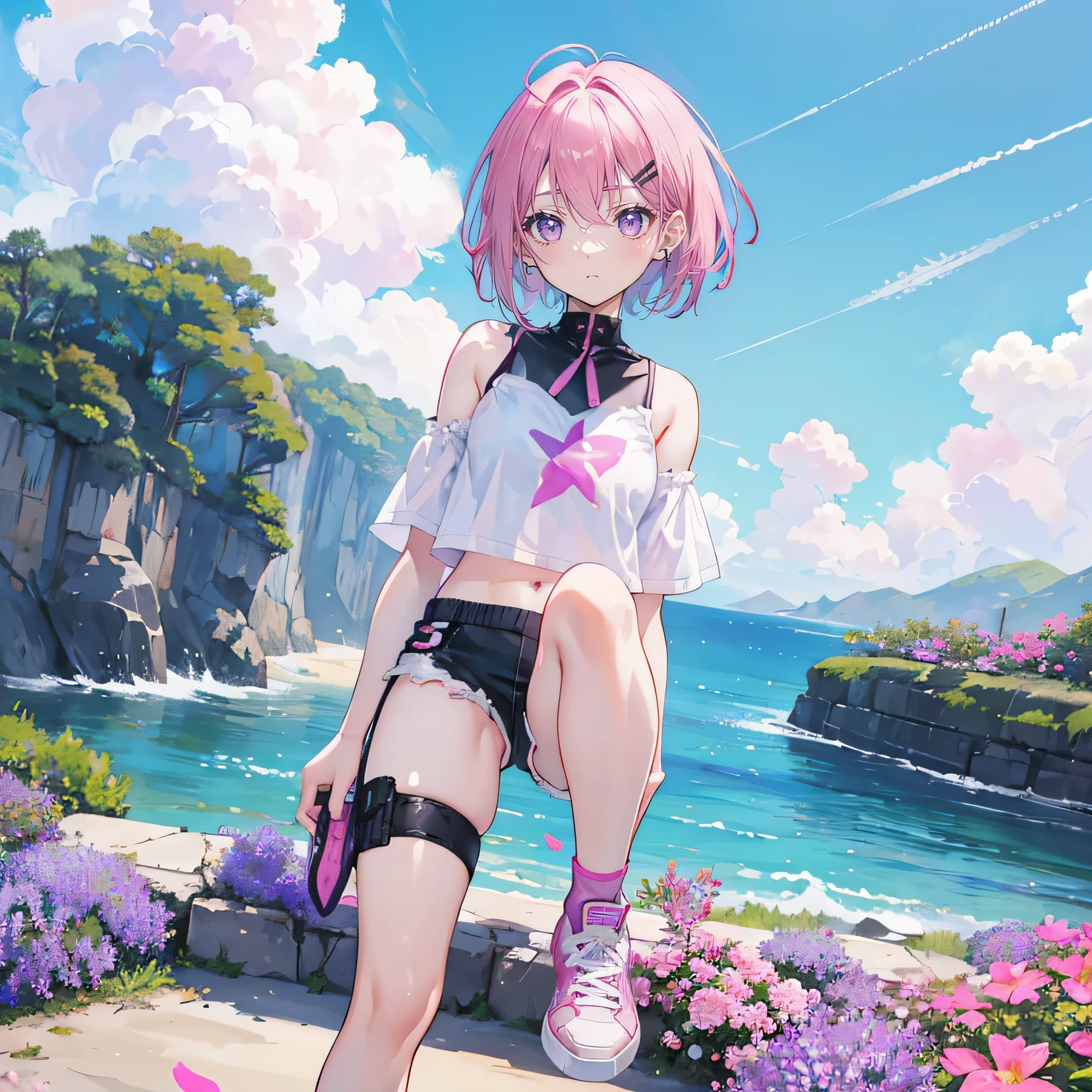 pink hair,purple eyes,short hair,sister head,earring ,Two black hairpins,,girl,cute,Short sleeves with open shoulders,short shorts,Navel exposed,Wearing sneakers,whole body,stand on the ground,Does not expose fingers,The background is a sea of flowers,Blue sky and white clouds