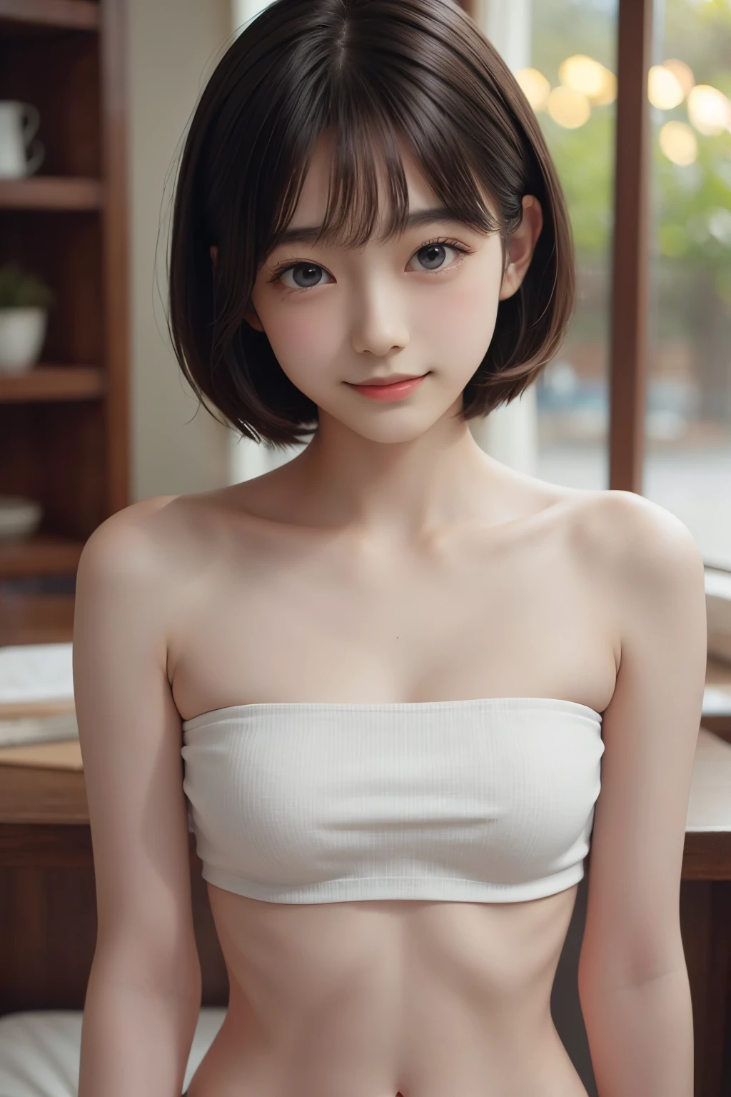 ((sfw: 1.4)), ((sfw, bandeau top, bony body,  extra short hair, sidelocks-hair, smile, 1 girl)), ultra high resolution, (real: 1.4), RAW photo, highest quality, (photorealistic), focus ,Soft light,(()),((Japanese)),(((Young face))),(Surface),(Depth of field),Masterpiece,(Photoreal),Woman,Bangs,( (1 girl)