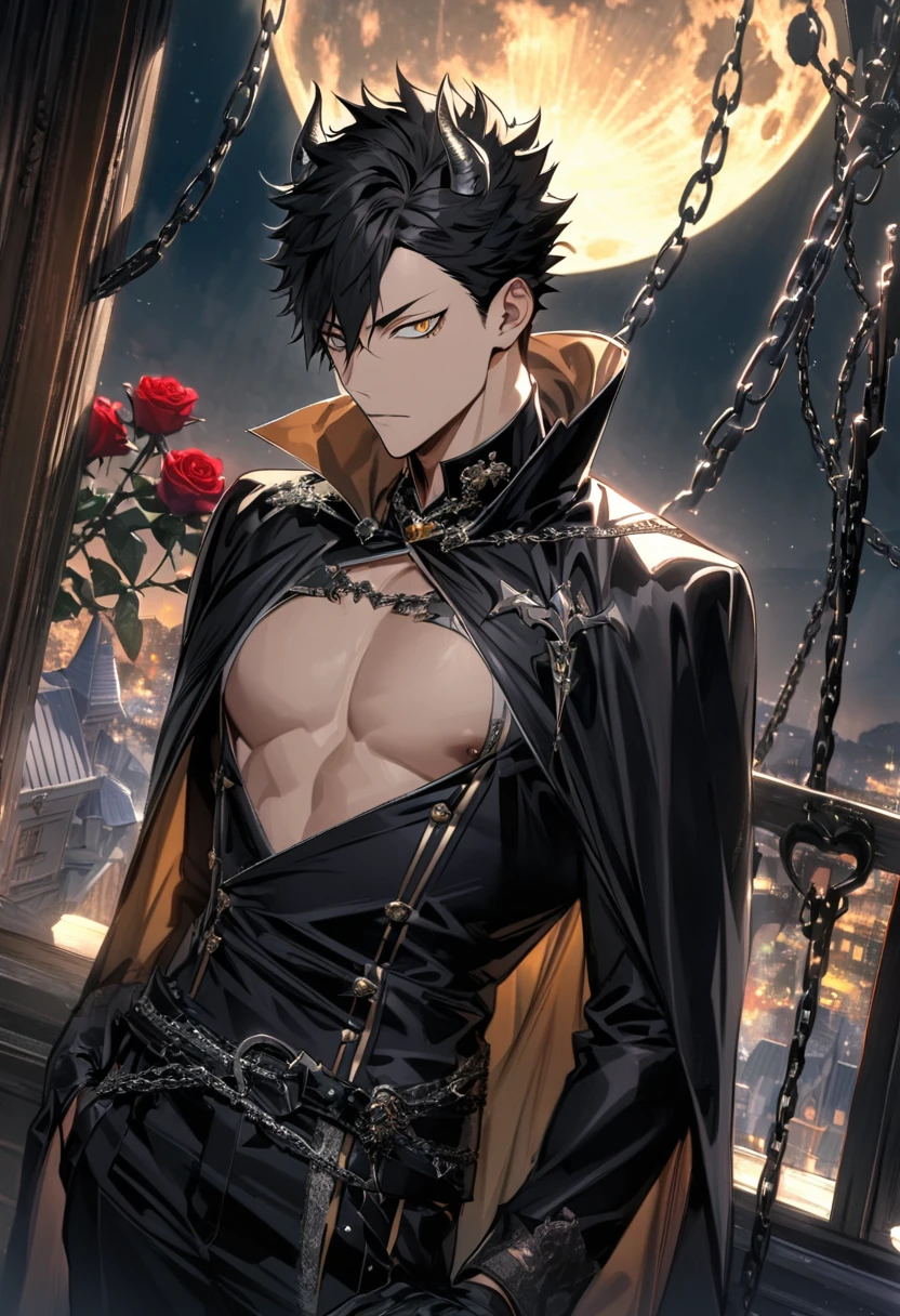 Ultra detailed, Highres, absurdres, HDR, Kuroo Tetsurou, black hair, golden eyes, Haikyuu, black gloves, black cape, bare chest, prince cool clothes, 1 adult man only, moon, window, roses, handsome, chains, demon horns,