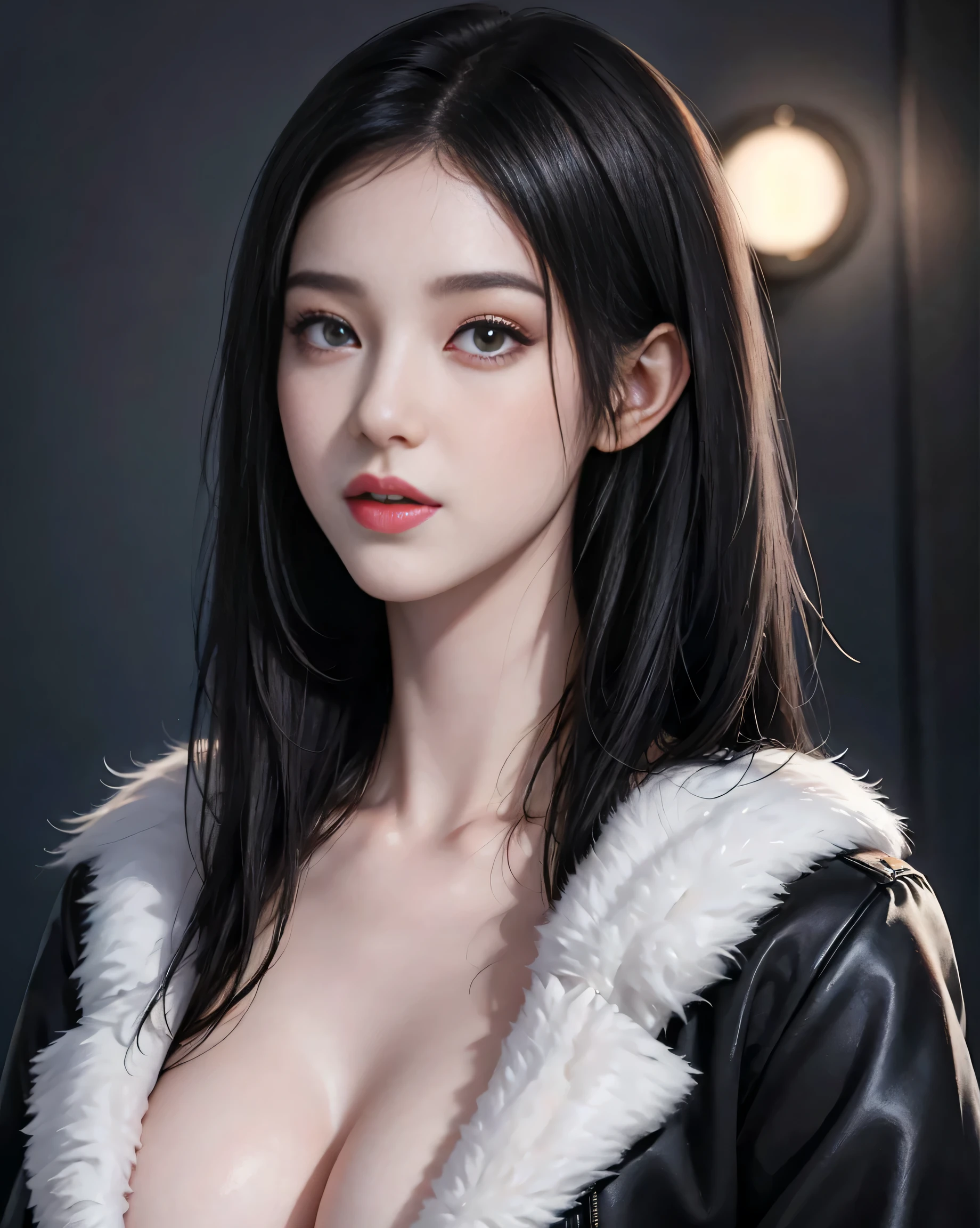 Beautiful girl with realistic black eyes, pale skin, medium length black hair, perfect face, perfect eyes, wearing a coat, very detailed, comprehensive movie, digital painting, 8K, cinematic lighting, highest quality, High resolution, well done!, Post-processing, perfect result, surreal，big breasts，NSFW:0.9