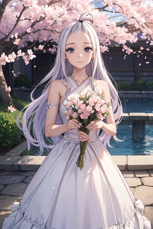 (best quality,4k,8k,highres,masterpiece:1.2),ultra-detailed,realistic,photorealistic:1.37,Mirajane Strauss, beautiful smile, white vintage dress, long silver hair, stunning blue eyes, flowing in the wind, surrounded by blooming cherry blossoms, holding a delicate fan, standing in a graceful pose, bathed in warm golden sunlight, with a serene and peaceful expression, creating an ethereal and enchanting atmosphere. The artwork is rendered with meticulous attention to detail, showcasing the intricate lace textures of the dress, the delicate cherry blossoms petals, and the subtle play of light and shadow on Mirajane's face. The colors are vibrant and vivid, with a soft pastel color palette that enhances the dreamy and romantic ambiance of the scene. The lighting brings out the natural beauty of Mirajane, casting soft highlights and creating a sense of depth and dimension in the artwork. The overall composition exudes elegance and sophistication, capturing the essence of Mirajane's gentle and captivating personality.
