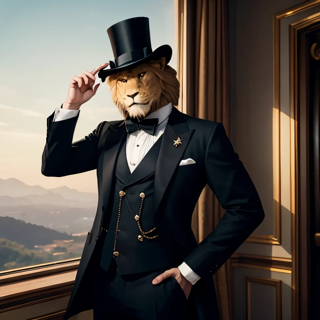 a man with a lion's face wearing a suit, he is in a top hat pointing at the view