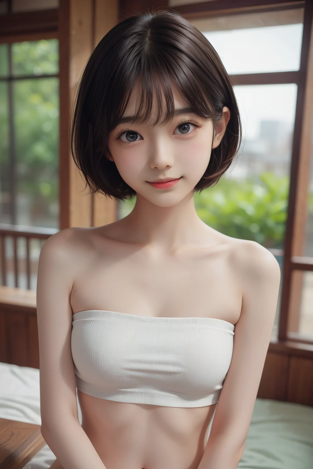 ((sfw: 1.4)), ((sfw, bandeau top, bony body,  extra short hair, sidelocks-hair, smile, 1 girl)), ultra high resolution, (real: 1.4), RAW photo, highest quality, (photorealistic), focus ,Soft light,((15 years old)),((Japanese)),(((Young face))),(Surface),(Depth of field),Masterpiece,(Photoreal),Woman,Bangs,( (1 girl)