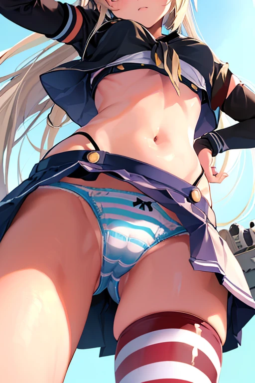 masterpiece, best quality, ultra detailed, ((striped panties)), (cowboy shot, crotch is close-up:1.2, ground-level, from below, mini skirt, KanColle Shimakaze, from front),