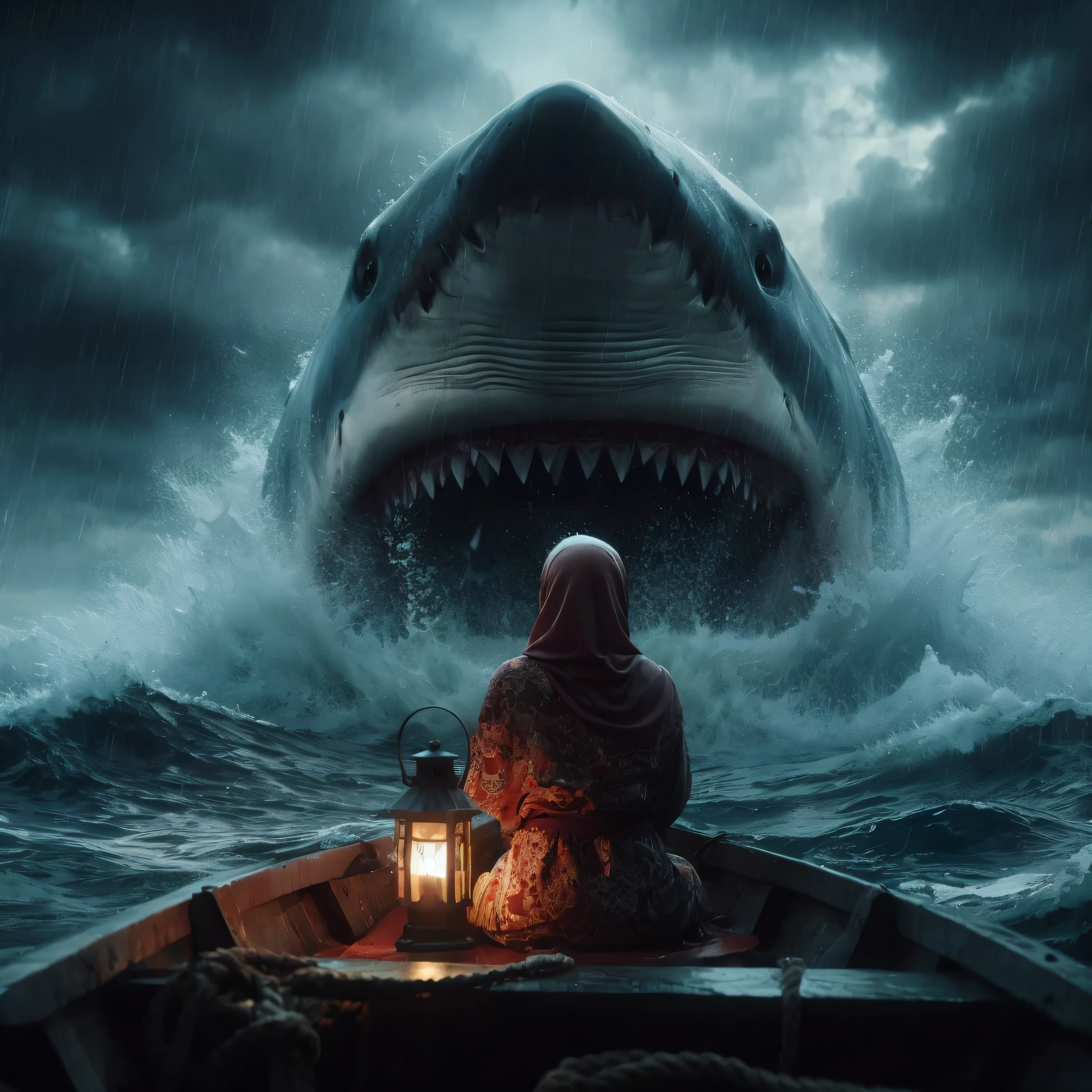 Underexposed, cinematic 3D matte paint render.
The head of a giant shark emerges from the sea water, splashing water everywhere. A girl wearing
Indonesian kaftan and jilbab, seen from behind, sits on a boat, holding a lantern. The girl is not afraid of the scary presence of the shark. Focus on the girl and the shark face; Dramatic lighting with stormy clouds in the background and dark blue water. The shark's skin should look rough and
Scarred