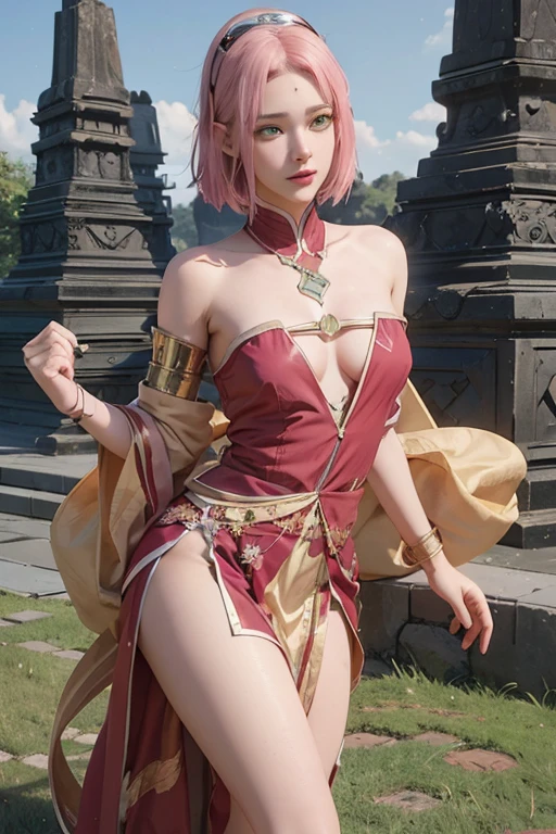young woman, short shoulder-length pink hair, wide forehead, porcelain skin, pink eyebrows, big emerald green eyes, buttoned nose, full lips, heart-shaped face, slender body, small breasts, red tank top, Sakura Haruno , realistic, realism, details, 3d, well detailed