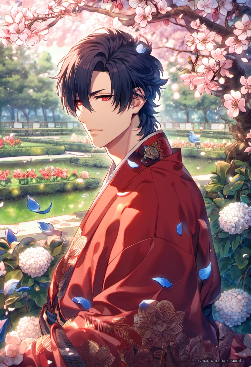 absurdres, highres, ultra detailed, HDR, masterpiece, Koujaku, dark navy hair that is short and a little chopped at the top, has a thick fringe that covers the right side of his face and keeps the rest tied, expressive red eyes, Dramatical Murder, red kimono, designed with decorations such as blue leaves, blossoms and birds, 1man, handsome, garden, petals