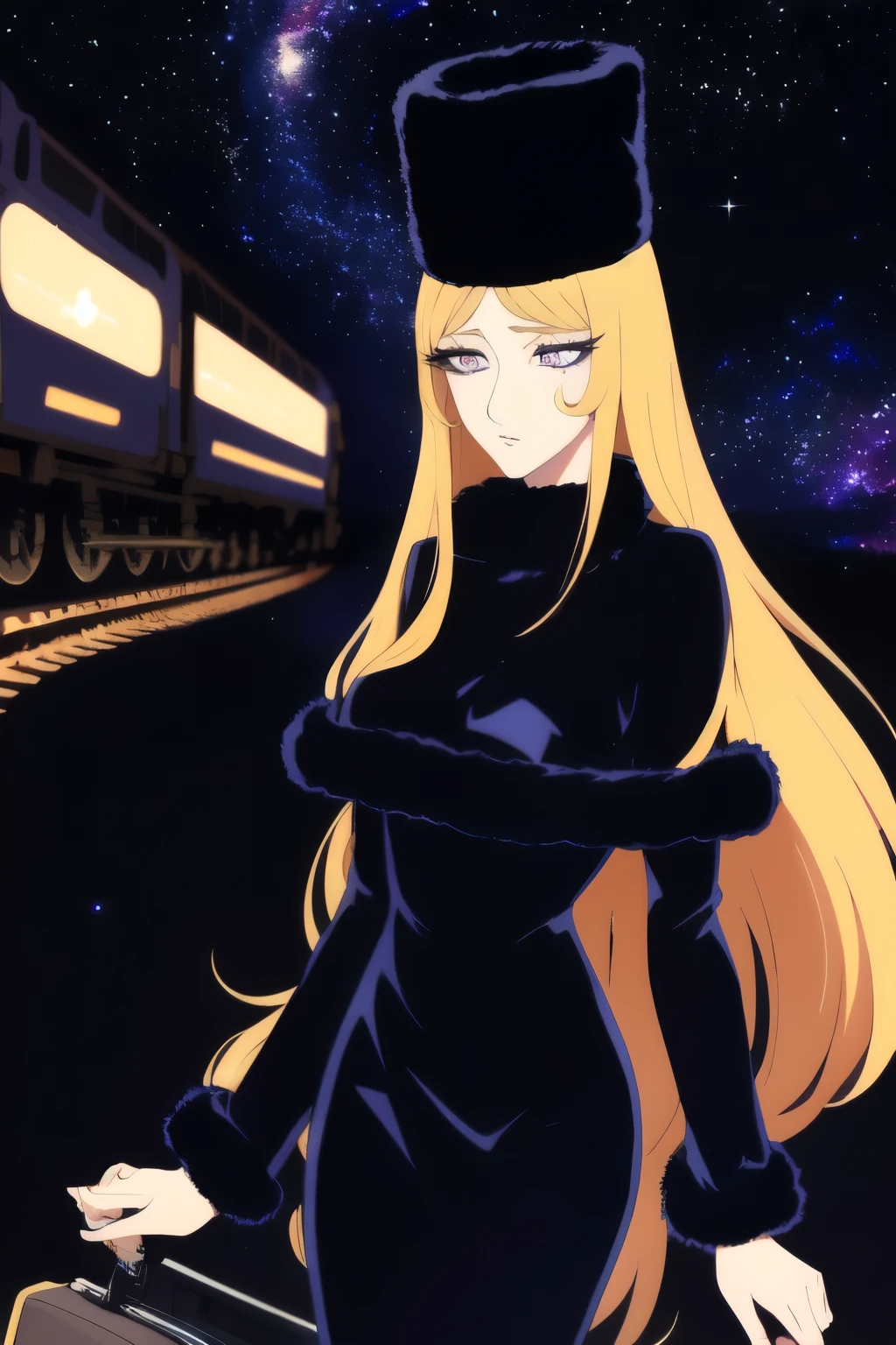 best quality, super fine, 16k, RAW photo, photorealistic, incredibly absurdres, extremely detailed, delicate, flashy and dynamic depiction, Galaxy Express 999, maetel, long hair, blonde hair, fur trim, black headwear, fur hat, dress, (cowboy shot:1.3), beautiful cool female, Sad, fleeting, melancholy expression, sharp eyes, sharp face, slender perfect proportion, narrow waist, lip makeup, long eyelashes, detailed pupils, detailed skin texture, background galaxy, night, station platform, steam train station, luggage