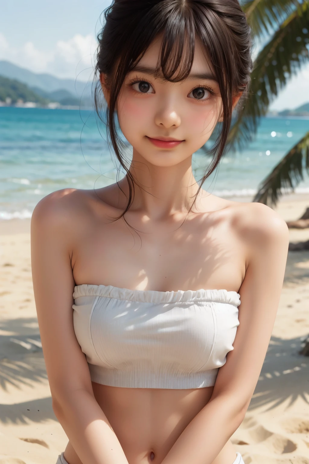 ((sfw: 1.4)), ((sfw, bandeau top, beach, bony body, extra short hair, sidelocks-hair, smile, 1 girl)), ultra high resolution, (real: 1.4), RAW photo, highest quality, (photorealistic), focus ,Soft light,((15 years old)),((Japanese)),(((Young face))),(Surface),(Depth of field),Masterpiece,(Photoreal),Woman,Bangs,( (1 girl)